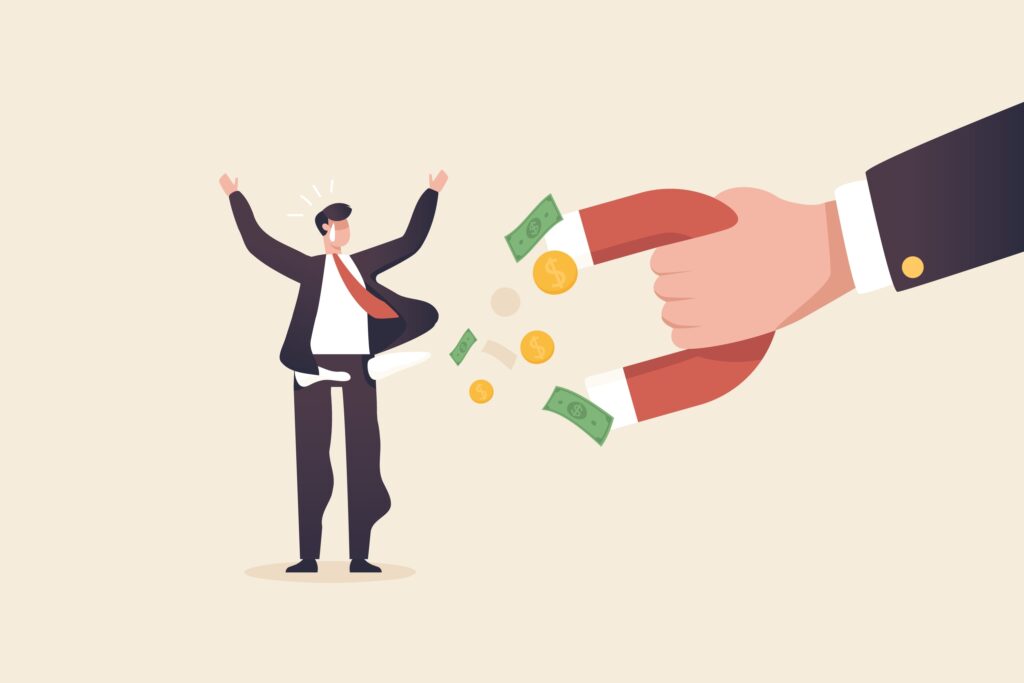 Hand holding bar magnet attracts money from smaller male figure | Planning for unexpected expenses